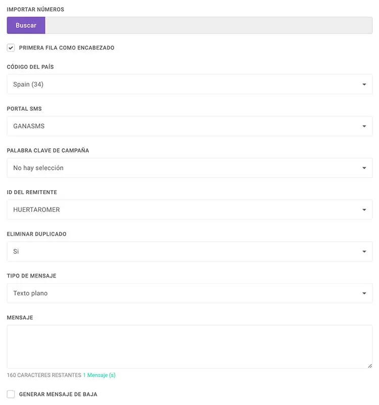 Captura del envío masivo de SMS con importación de números