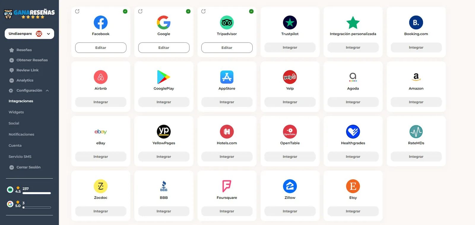Captura de las integraciones de la app con Facebook, Google y Tripadvisor conectados