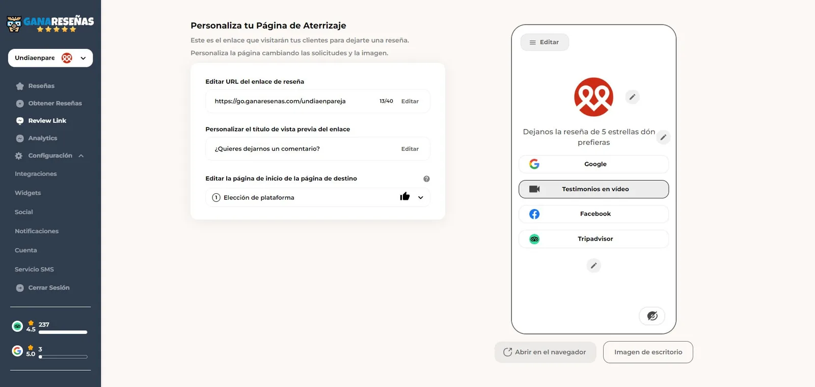 Captura del editor del enlace de valoración con la vista previa en el móvil