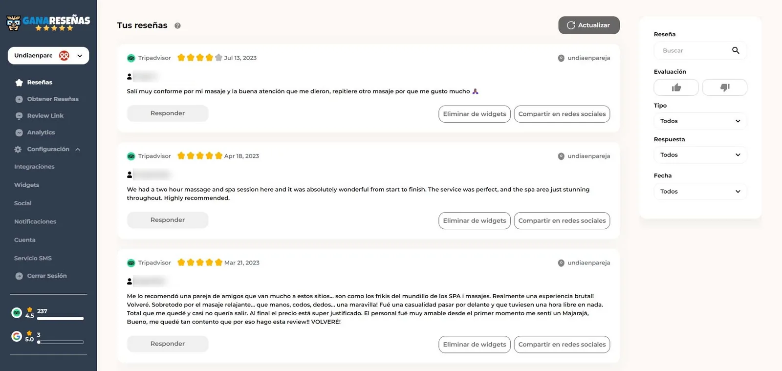 Captura del listado de reseñas con el botón Responder