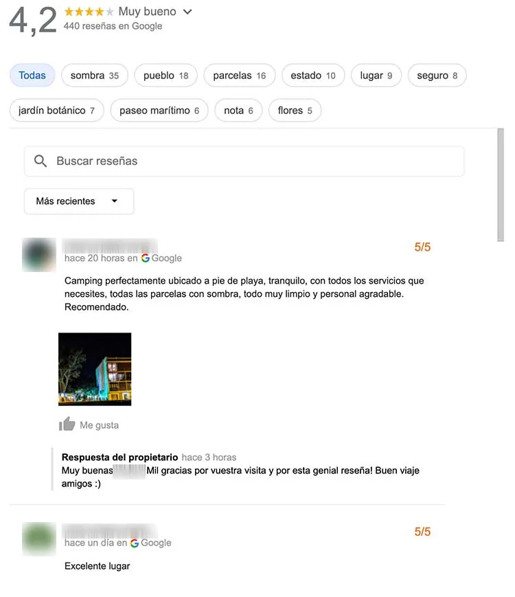 Captura de las reseñas de Google de un camping: reseñas de cinco estrellas con respuesta del propietario